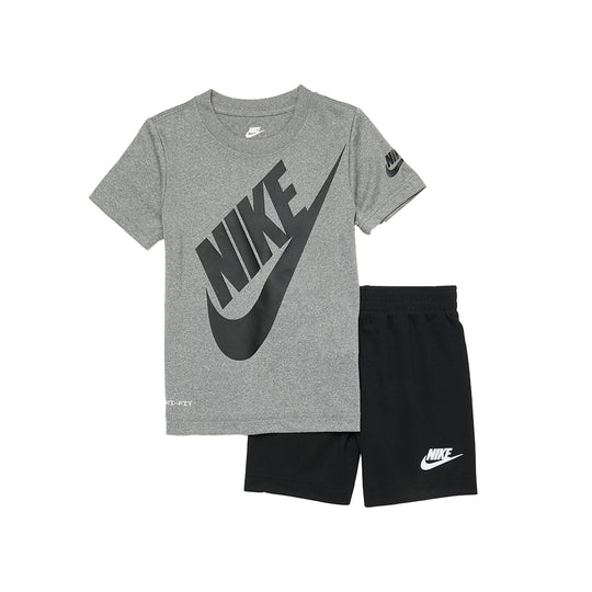 Nike Kids Futura Short Set with grey graphic tee and black elastic waist shorts