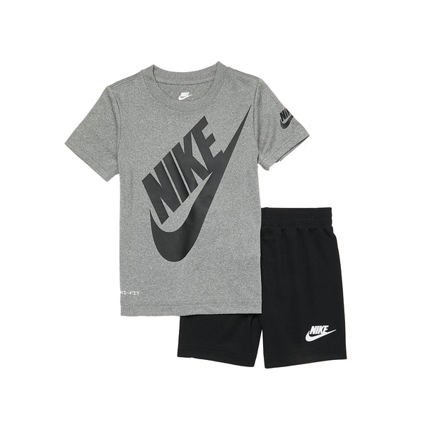 Nike Kids Futura Short Set with grey graphic tee and black elastic waist shorts