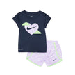 Nike NKG Sweet Swoosh toddler set with navy tee featuring heart logo and lilac bloom microfiber sprinter shorts