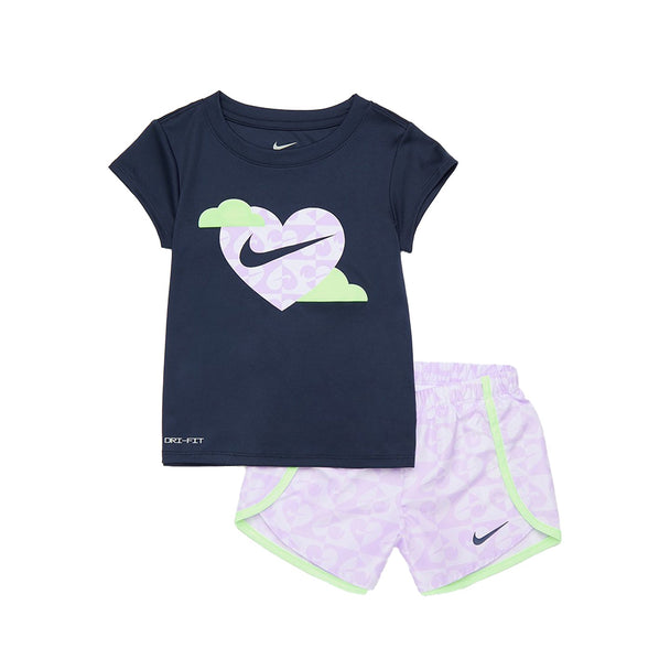 Nike NKG Sweet Swoosh toddler set with navy tee featuring heart logo and lilac bloom microfiber sprinter shorts
