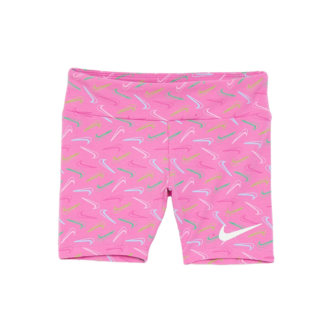 Pink Nike NKG Swoosh Logo bike shorts with playful all-over swoosh print and snug fit for active kids