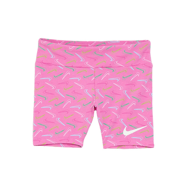 Pink Nike NKG Swoosh Logo bike shorts with playful all-over swoosh print and snug fit for active kids