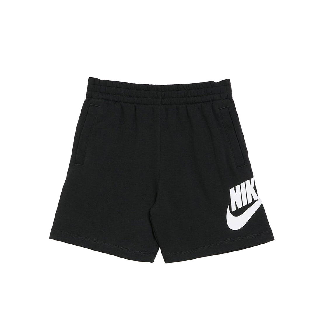 Black Nike N NSW Club FT HBR Shorts with white Nike logo, lightweight French terry fabric, elastic waistband, and side pockets for casual and athletic wear