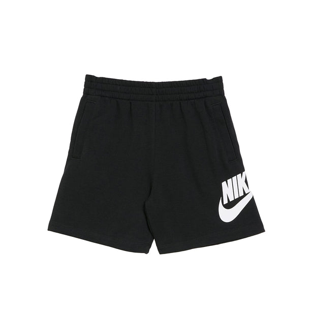 Black Nike N NSW Club FT HBR Shorts with white Nike logo, lightweight French terry fabric, elastic waistband, and side pockets for casual and athletic wear