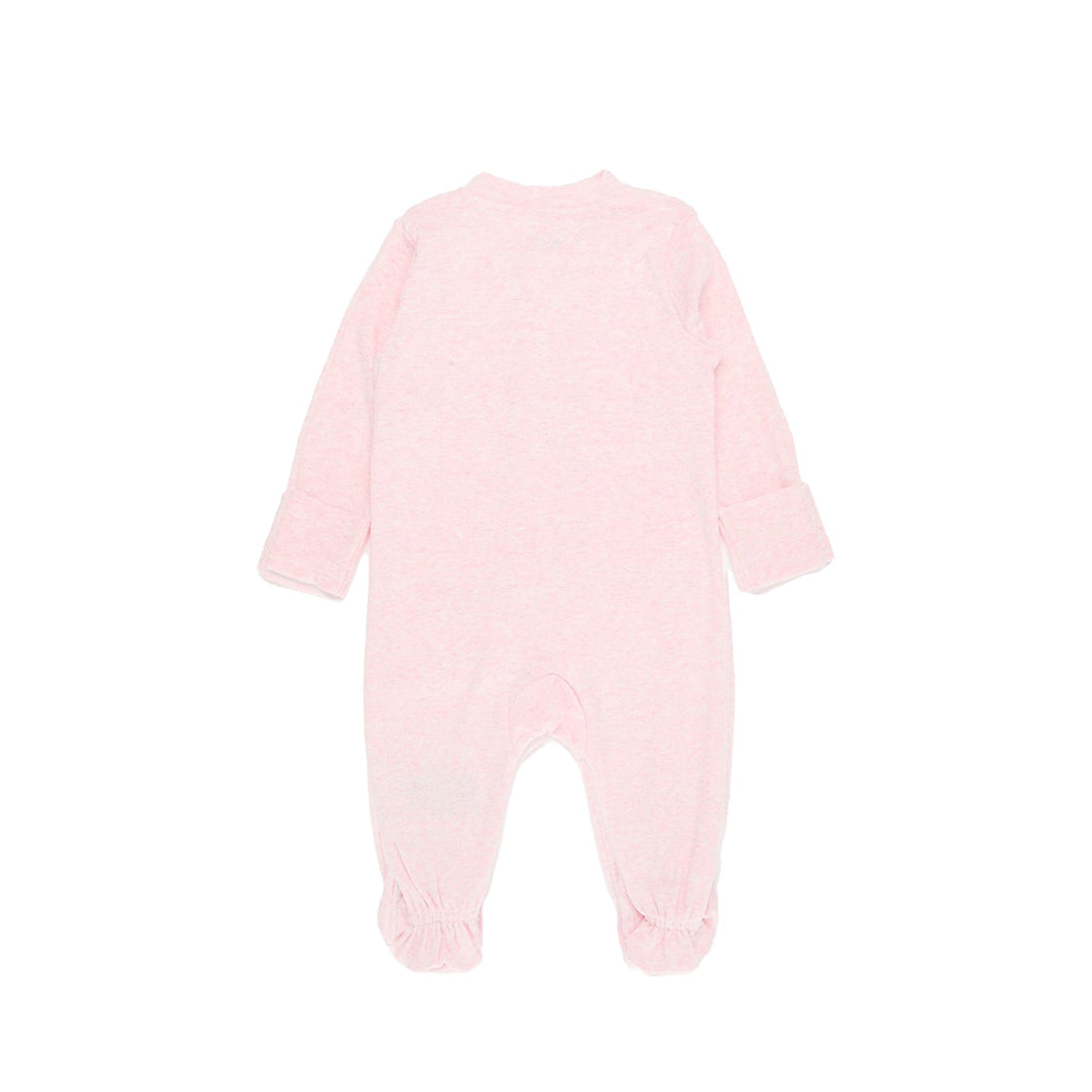 Nike Baby Essent Pointelle Coverall in pink, featuring soft knit fabric, full-zip front, foldover mittens, and footed bottoms for comfort and warmth.
