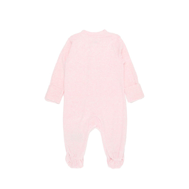 Nike Baby Essent Pointelle Coverall in pink, featuring soft knit fabric, full-zip front, foldover mittens, and footed bottoms for comfort and warmth.
