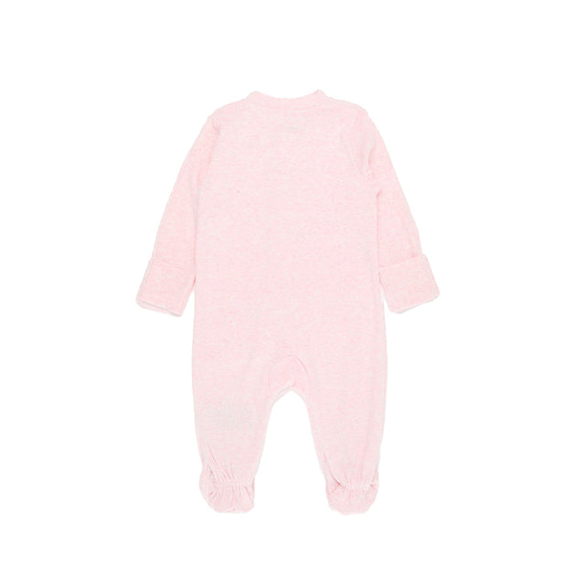Nike Baby Essent Pointelle Coverall in pink, featuring soft knit fabric, full-zip front, foldover mittens, and footed bottoms for comfort and warmth.