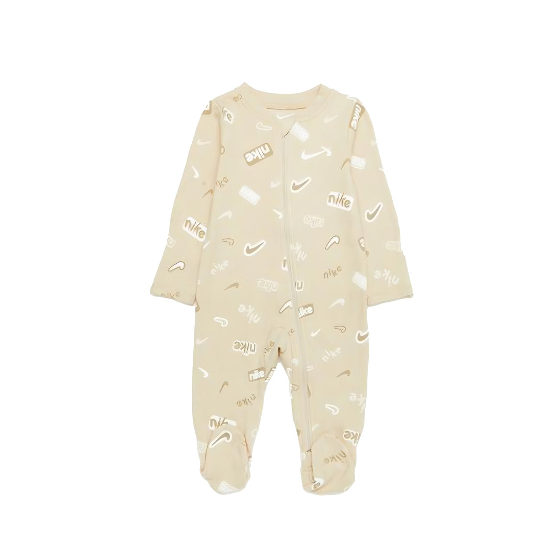 Nike E1D1 AOP Footed Coverall in sanddrift color with allover Nike print and full-zip front.