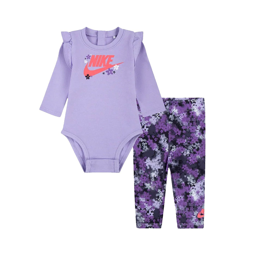 Nike Kids Fresh Cut bodysuit legging set, purple, floral graphic, long sleeves, stretchy leggings.