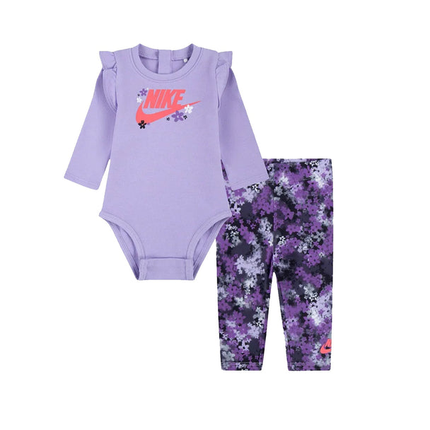 Nike Kids Fresh Cut bodysuit legging set, purple, floral graphic, long sleeves, stretchy leggings.