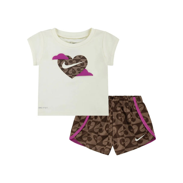 Nike Kids Sweet Swoosh Sprinter Set in cacao color with heart graphic t-shirt and breathable shorts