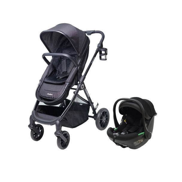 Onida Flex II Black Travel System, sleek and modern design, lightweight stroller with car seat, suitable from birth to 22 kgs.