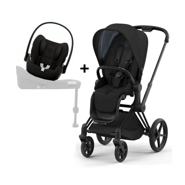 PRIAM Gen 4 matt black stroller frame with sepia black seat pack and Cloud G i-Size infant car seat in magic black