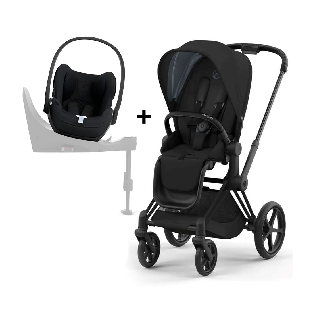 PRIAM Gen 4 stroller with matt black frame, sepia black seat pack, and Cloud T i-Size car seat combo