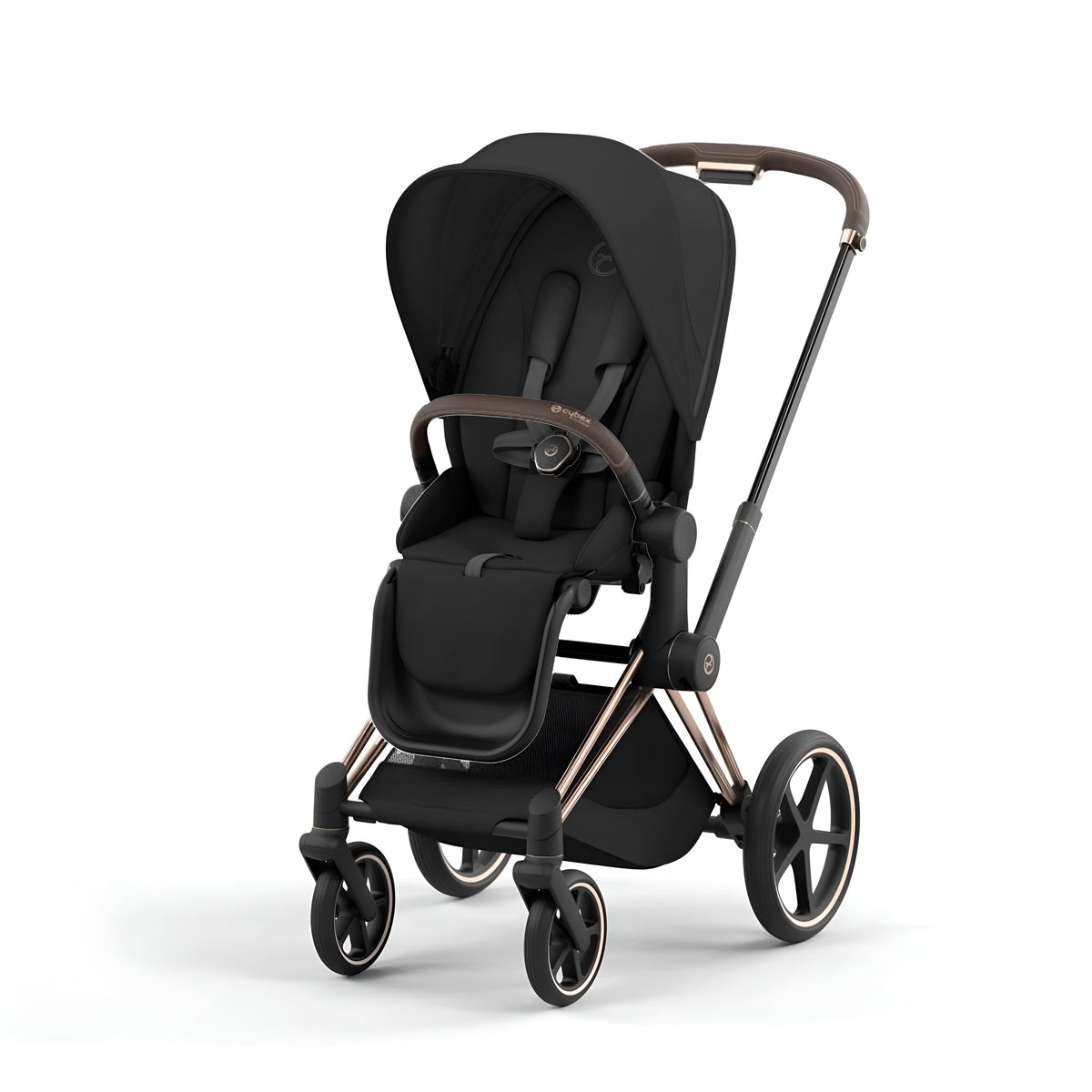 PRIAM Gen 4 gold stroller frame with sepia black seat pack for newborn to 4 years