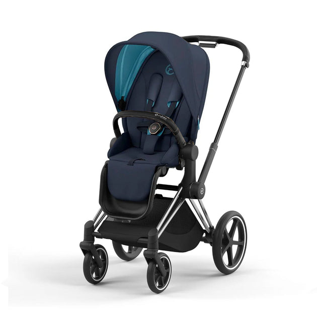 Priam Gen 3 stroller with chrome frame and nautical blue seat pack