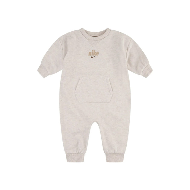 Nike E1D1 Crew Coverall in pale ivory heather with long sleeves and front kangaroo pocket for babies