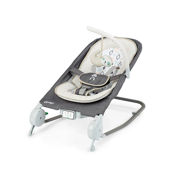 Ingenuity Happy Belly Rock-to-Bounce Massage Seat with plush infant insert and detachable toy bar in gray and beige colors