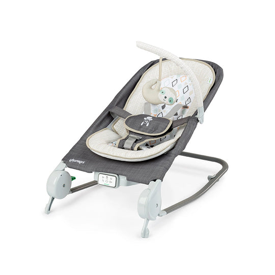 Ingenuity Happy Bella Rock-to-Bounce Massage Seat with plush insert and detachable toy bar.
