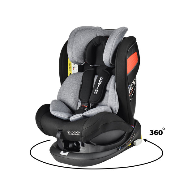Pilot All Stages Isofix 360 Spin car seat in gray, suitable from birth to 12 years, with side protection and 4-position recline.