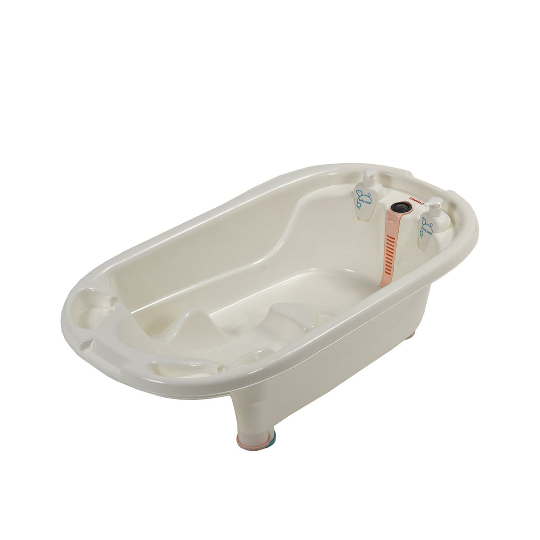 Pink baby bath with built-in bather, water thermometer, and refillable bottles for children aged 0-3 years