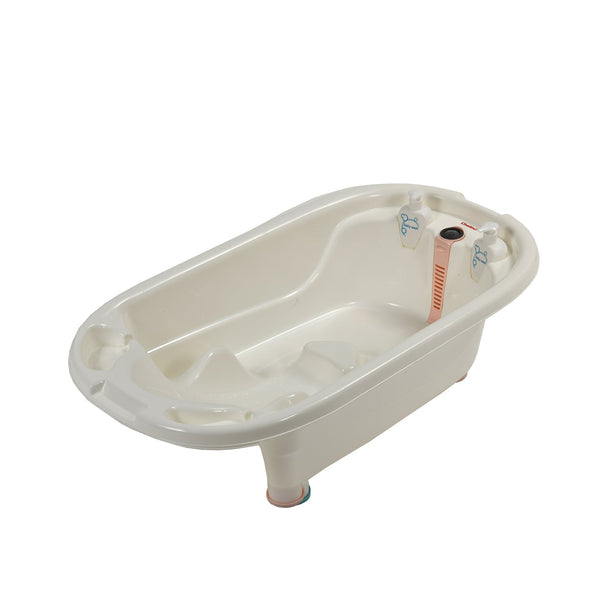 Pink baby bath with built-in bather, water thermometer, and refillable bottles for children aged 0-3 years