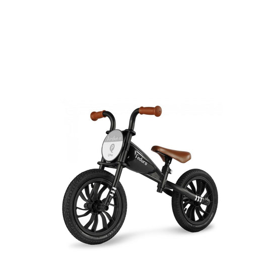 QPLAY Feduro Motor Balance Bike for kids aged 3-6 with a motorcycle-inspired black frame and brown handles and seat
