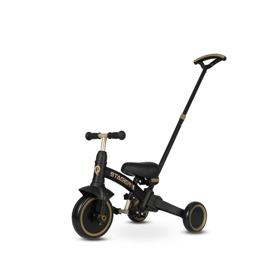 QPLAY Stager 3 in 1 Tricycle in black and gold color with pushchair handle.