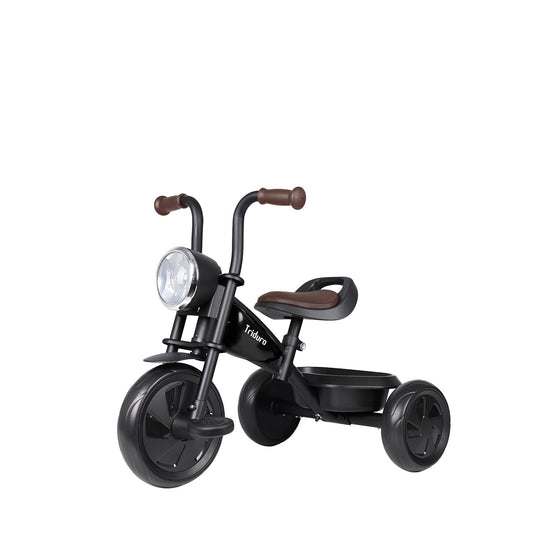 QPLAY Triduro Black tricycle with steel frame, LED headlight, and brown handlebars and seat for kids 2-6 years