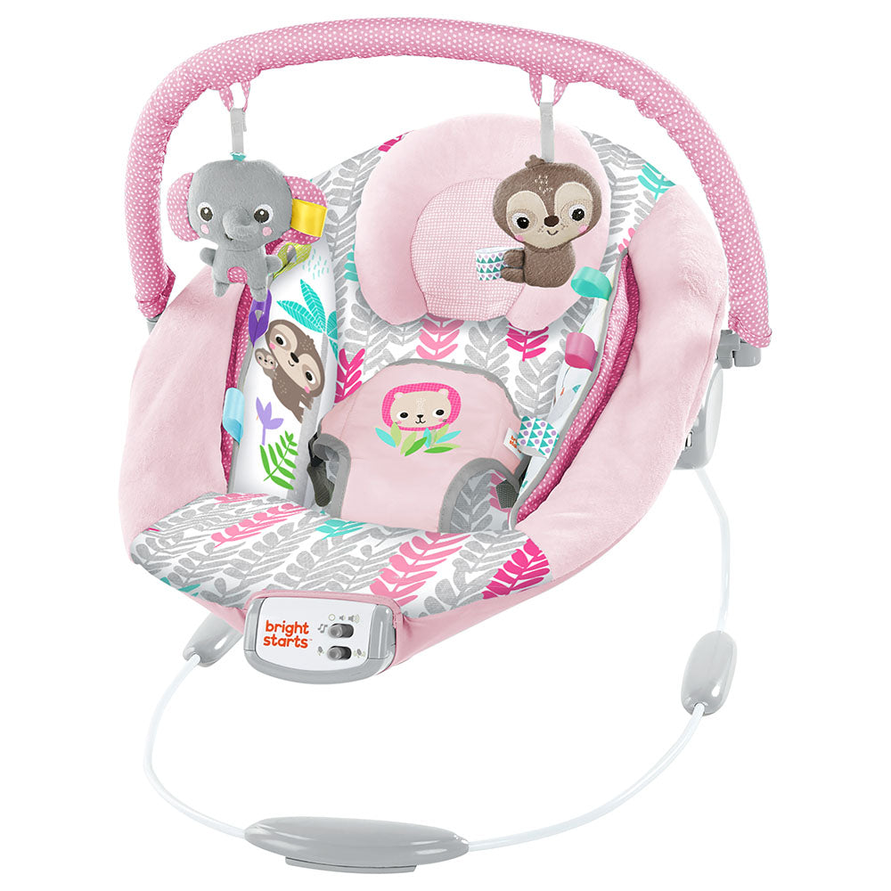 Bright Starts Cradling Bouncer Rosy Vines plush baby seat with toy bar and safety harness