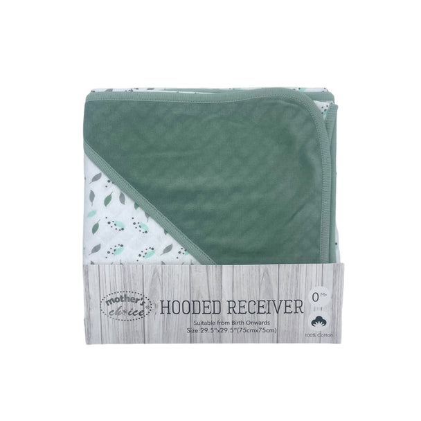 M/C Quilted Hooded Baby Receiver blanket in green and white with leaf pattern, soft cotton fabric, 75x75 cm, suitable from birth onwards