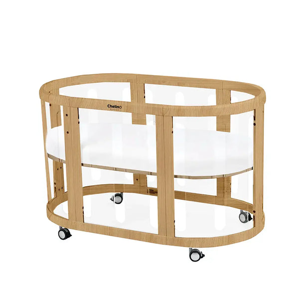 Selina 5 in 1 Cot Beechwood with clear panels, sustainable oak wood, multi-functional design.