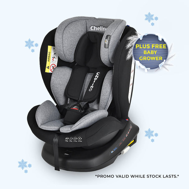 Shuttle 360 Stages Car Seat in grey and black with 360-degree rotation and free baby grower offer
