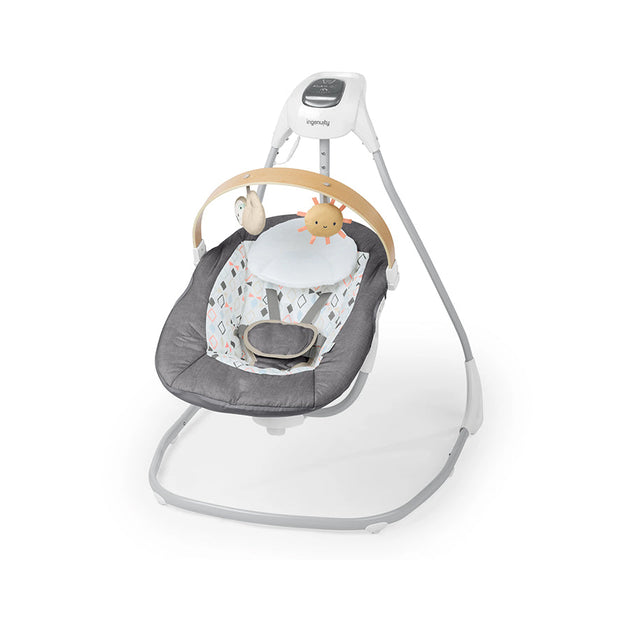 Ingenuity SimpleComfort Compact Soothing Swing with wooden toy bar and interactive toys.