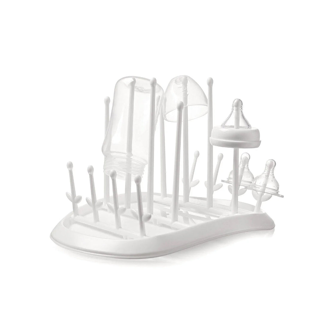 Snookums Baby Bottle Drying Rack with collapsible pins and extra drainage holes for hygienic air drying of up to 8 bottles and accessories.