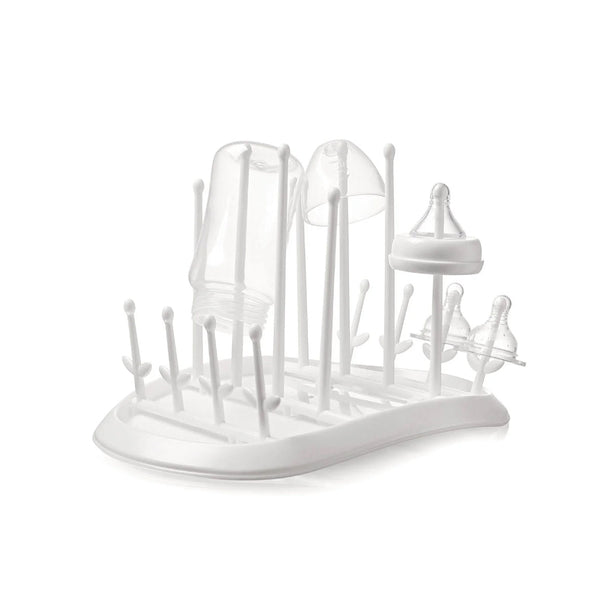 Snookums Baby Bottle Drying Rack with collapsible pins and extra drainage holes for hygienic air drying of up to 8 bottles and accessories.