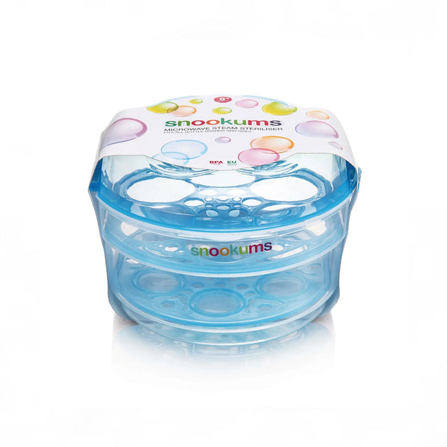 Snookums microwave steam steriliser for baby bottles with tongs, compatible with wide and standard neck bottles, fits in 27-litre microwave.