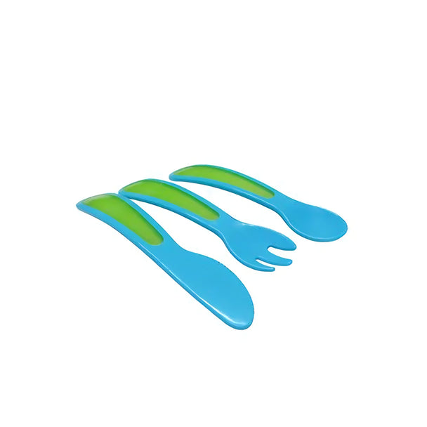 Blue and green Snookums Cutlery Set 3-piece toddler utensils fork, spoon, and knife for 6 months+ with rounded edges for safe self-feeding