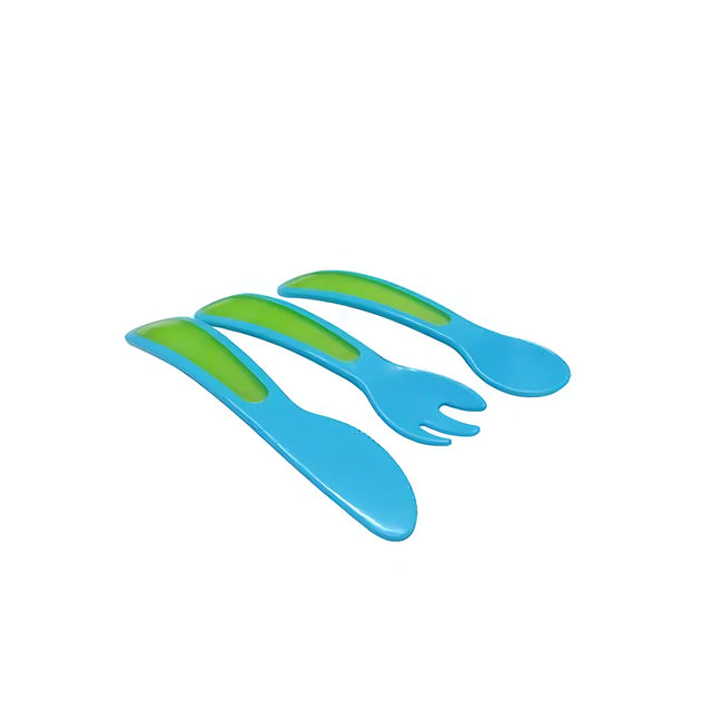 Blue and green Snookums Cutlery Set 3-piece toddler utensils fork, spoon, and knife for 6 months+ with rounded edges for safe self-feeding