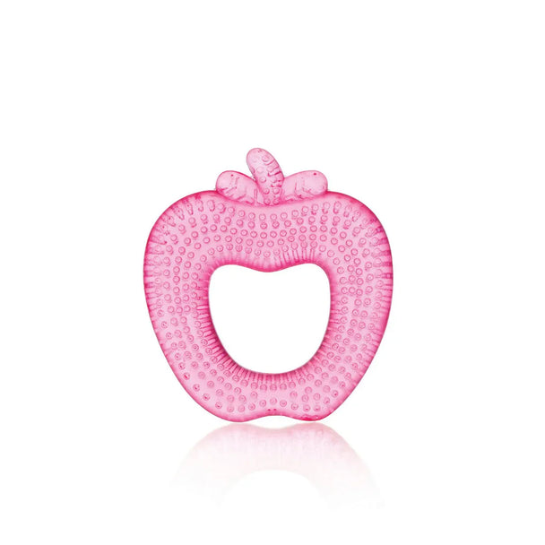 Pink apple-shaped Snookums Cooling Teether toy for babies 3 months+ with textured gel surface for soothing gums and developing fine motor skills