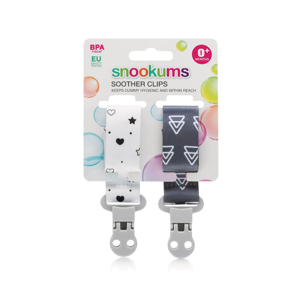 Snookums Soother Clips 0M+ pacifier clips with universal loop and durable clasp in stylish patterns