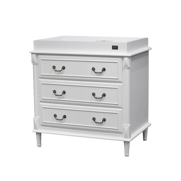 Sophie Dresser with three spacious drawers and vintage pulls, elegant white finish.