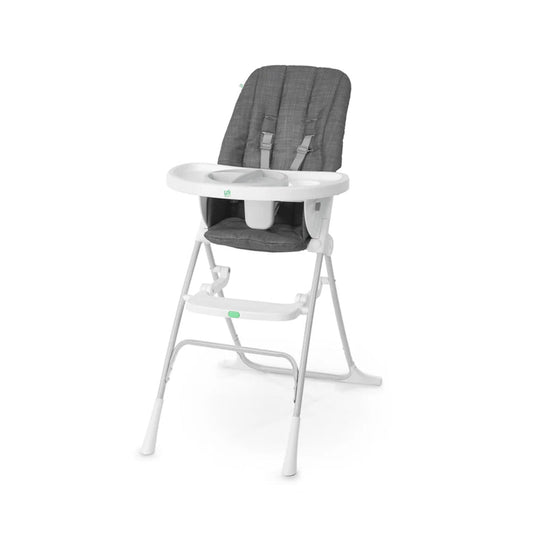 Ingenuity Sun Valley compact folding high chair in grey with adjustable tray and 5-point harness for babies.