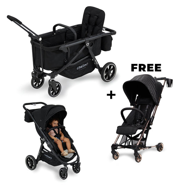 Switch 2 IN 1 Wagon Stroller and free Zippy Stroller combo in black with multi-mode seating and safety features