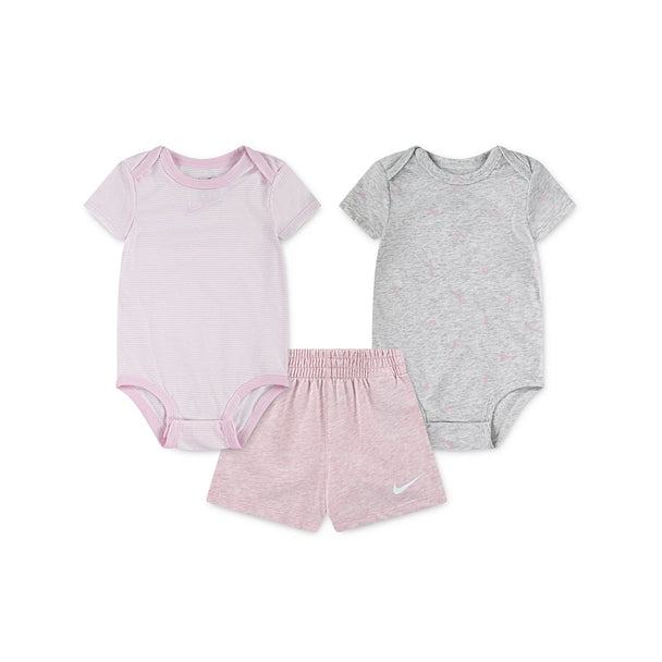 Nike Be Stripe Swooshfetti 3 Pack baby apparel in pink foam heather, featuring colorful stripes and Swooshfetti design.