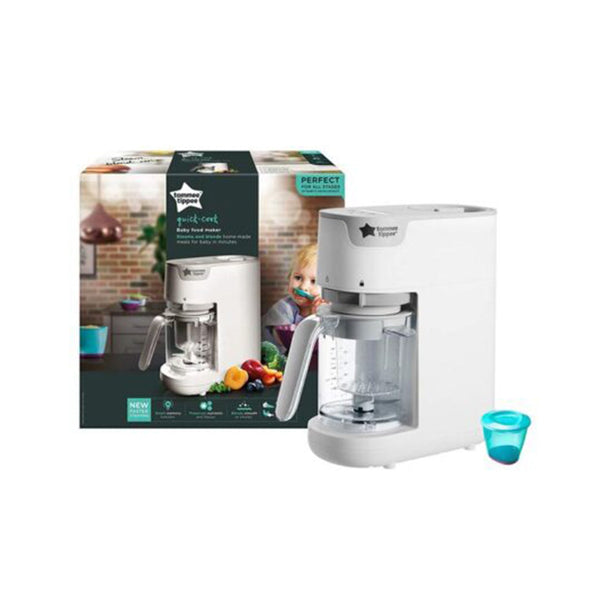 Tommee Tippee Quick Cook Baby Food Steamer Blender with measuring cup and packaging box