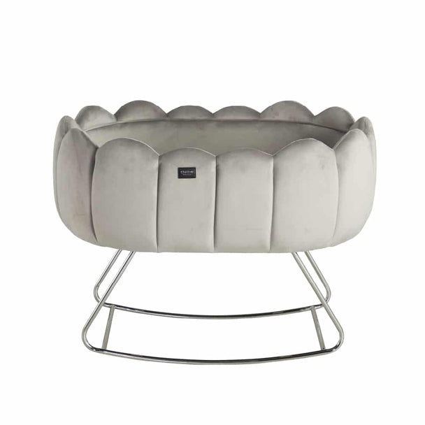 Luxury Tulip Cot Rocker in Silver Grey with soft interior and unique leg design.