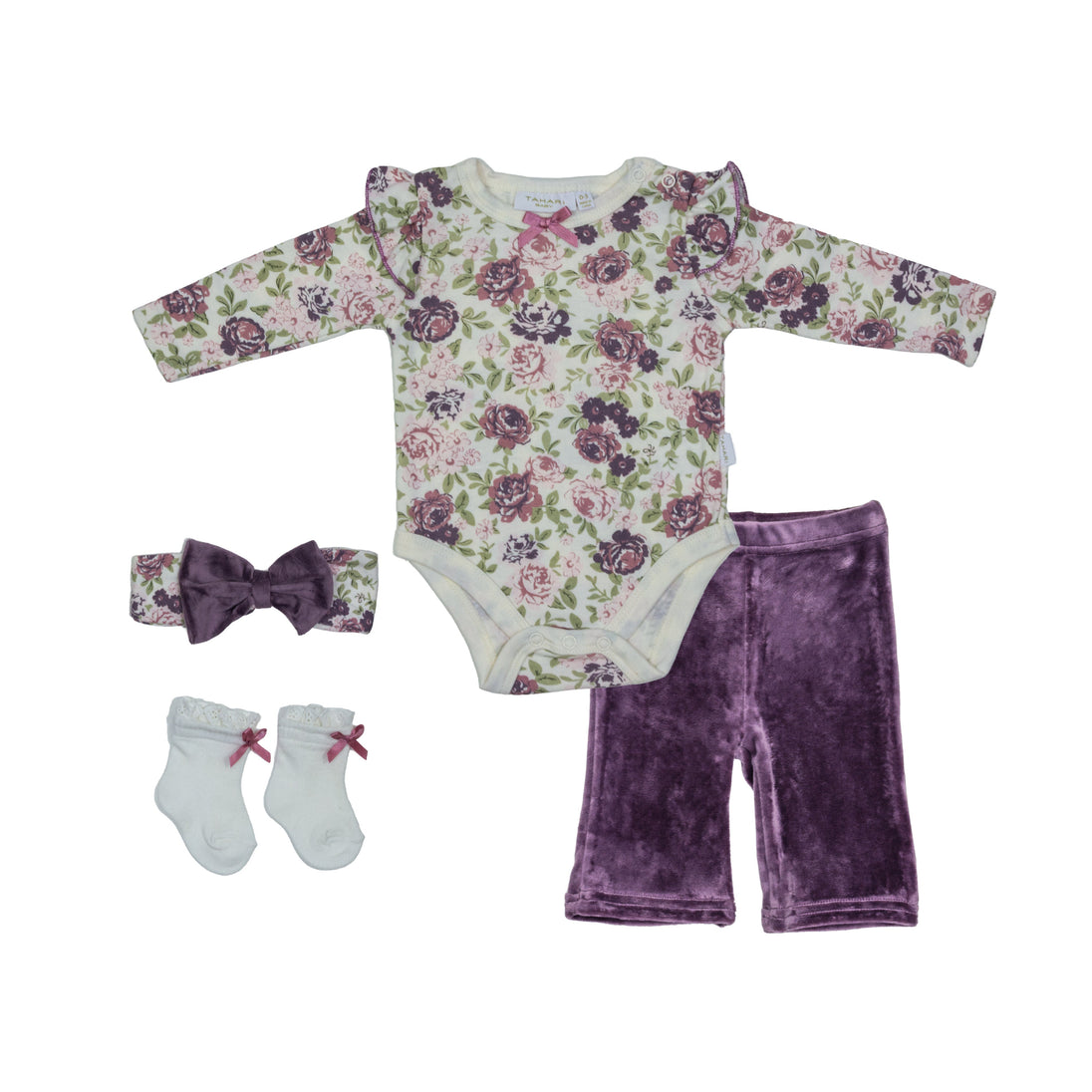 Baby 4 piece light purple floral velvet set with soft breathable cotton for newborns