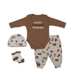 Baby wearing light pink floral velvet 4 piece baby set, soft and breathable for sensitive skin