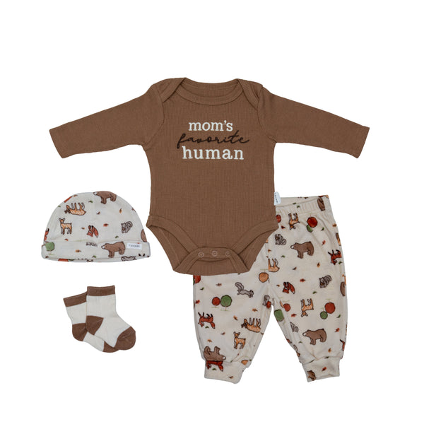 Baby wearing light pink floral velvet 4 piece baby set, soft and breathable for sensitive skin